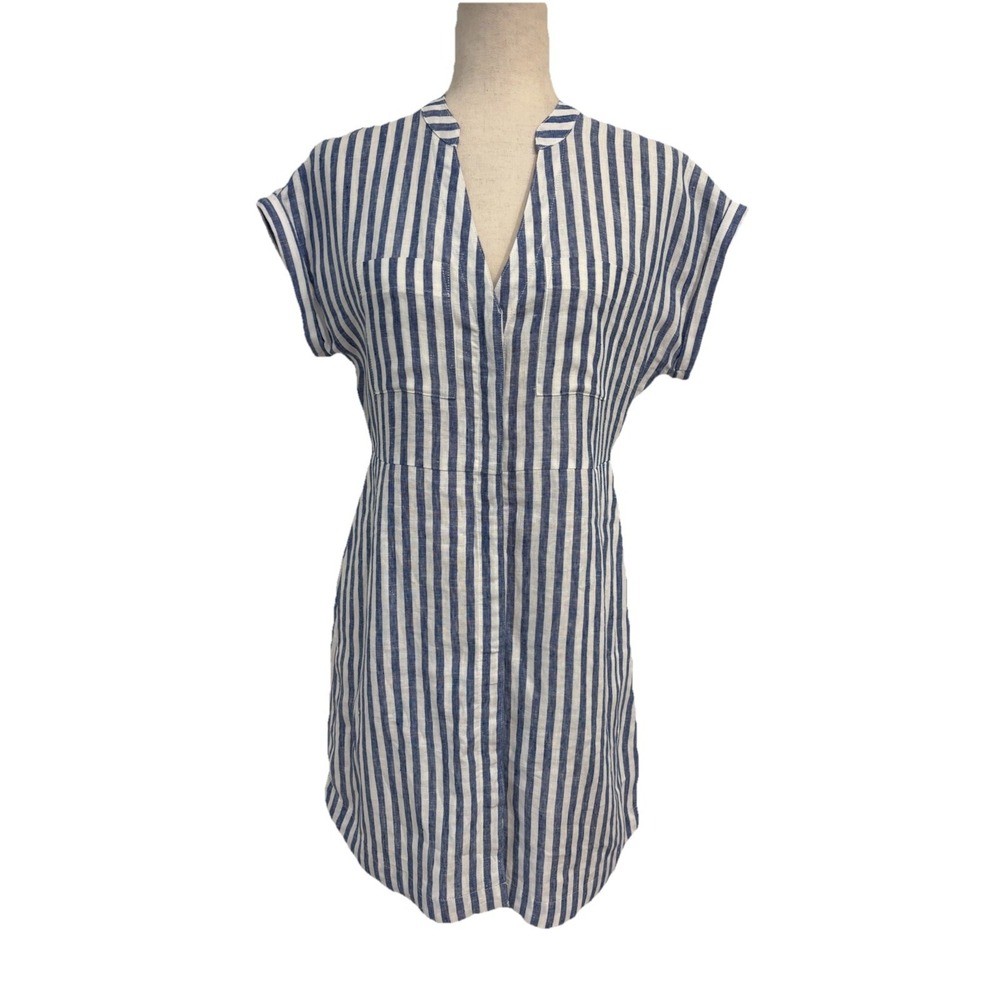 Boden Evie Blue White Striped Linen Short Sleeve Shirt Dress Pockets 6 P No Belt - Picture 3 of 11